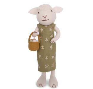 XL White Sheep with Green Dress & Egg Basket